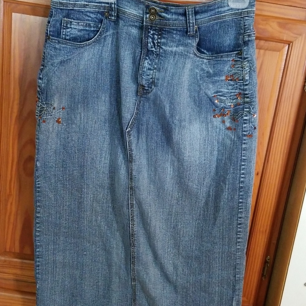 NoFuze Stretch Denim Midi Skirt Sequins Dressy 16